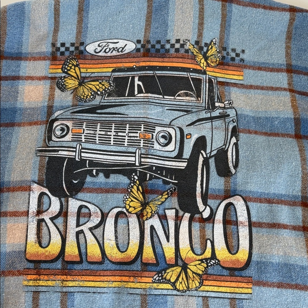 Ford Bronco shacket flannel blue brown cream flannel butterflies Bronco graphic - Picture 16 of 16
